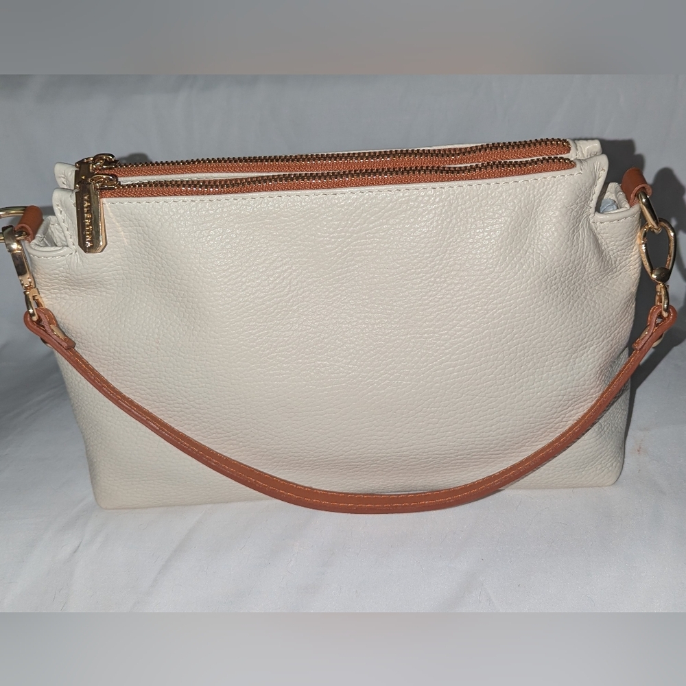 Valentina Cream Pebelled Leather Shoulder Bag with Tan Trim.